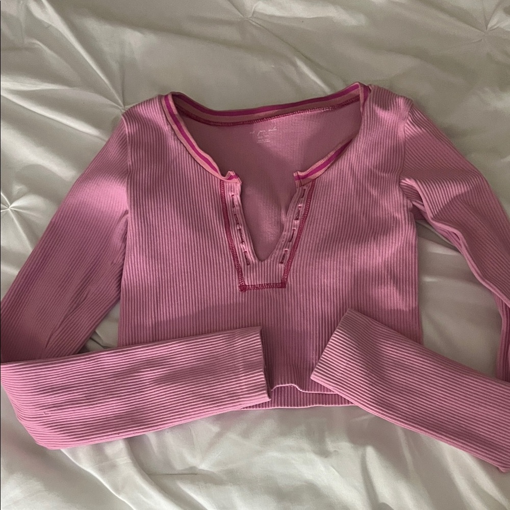 Urban Outfitters Pink Ribbed Henley Crop Top with Contrast Trim